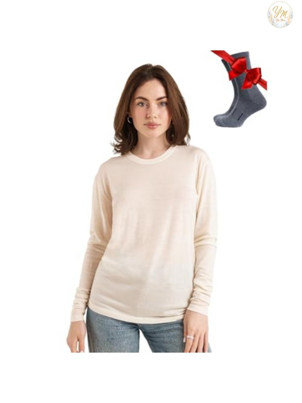 100% Merino Wool Base Layer Women's Long Sleeve Thermal Shirt with Socks